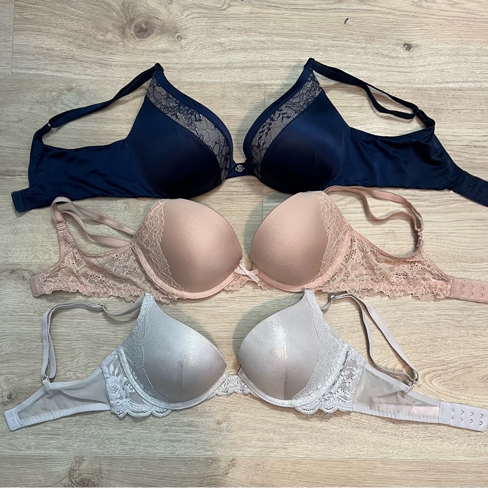 Elegant Lace Trimmed Bra Trio - Navy, Gray, Flesh tone